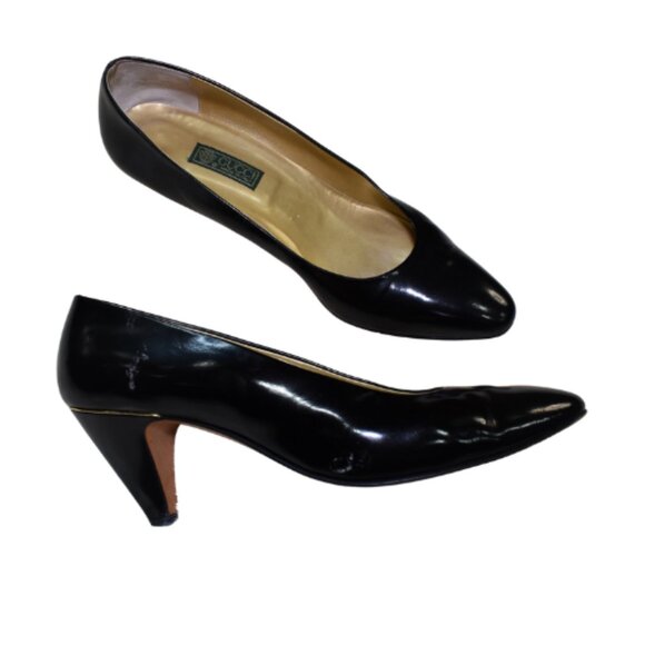 VTG Gucci Classic Black Patent Leather Pumps Size 8.5 | 3" Heel 1980s Italy - Picture 1 of 16